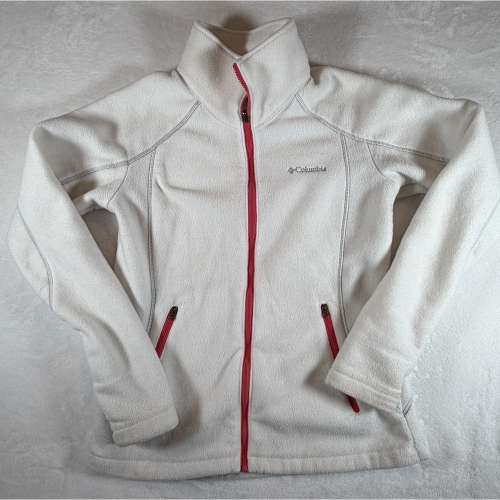 Columbia Jacket Women's Sz L White Hot Pink Trim Fleece Full-Zip